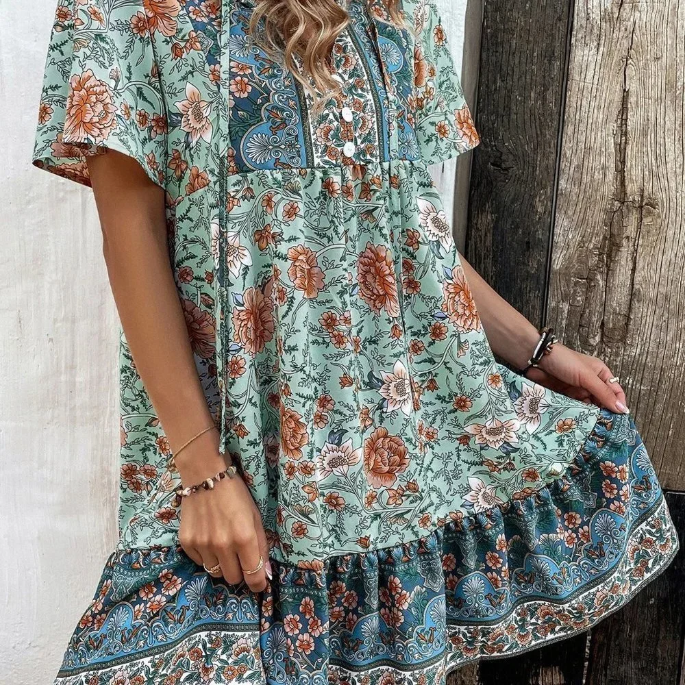 Multicolor Boho Womens Floral Print Tie Neck Smock Dress - Picture 3 of 5